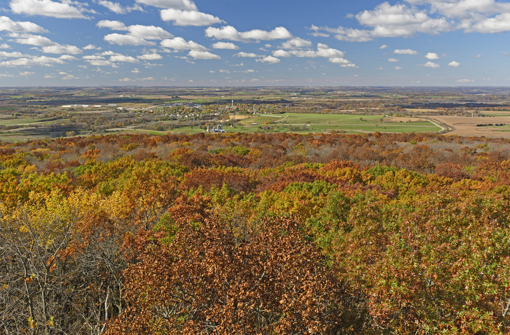 A view of trees and farmland in an article about fall in Wisconsin