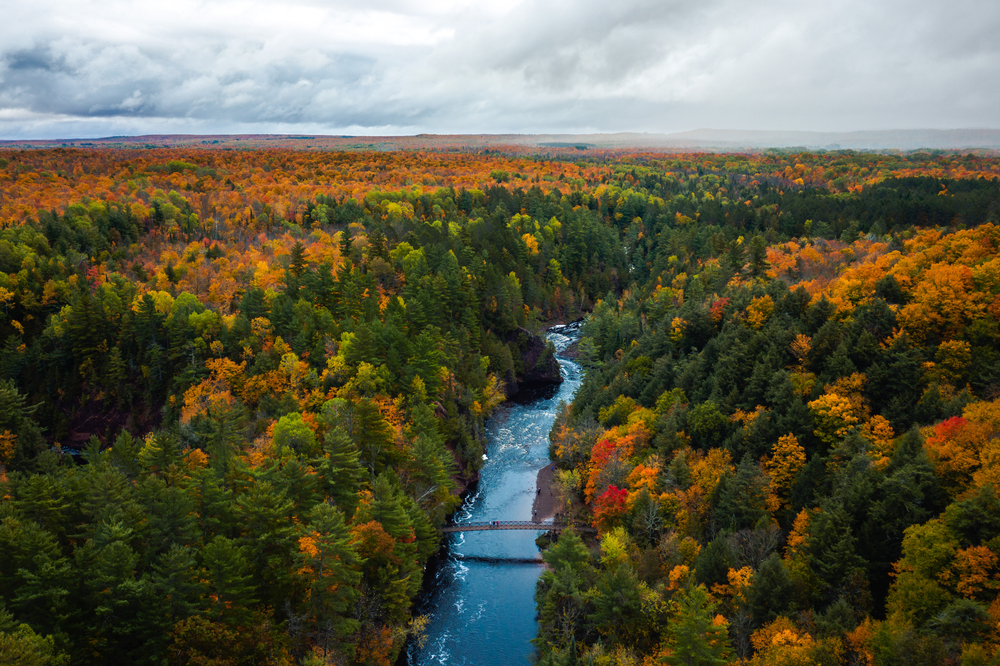 A Aerial View of a fall tree canopy with a river running through in an article about Fall in Wisconsin