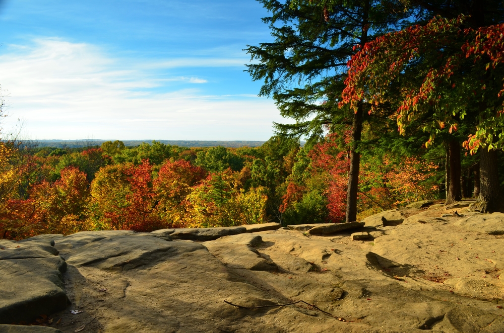The rock ledges overlooking the Cuyahoga Valley. The Valley is full of trees with multicolored leaves and in the distance you can see what looks like more forest land. 