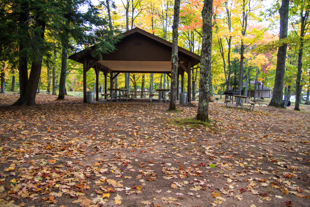 Autumn at city park with shelter and picnic tables surrounded by brilliant colored leaves. Beaches in Traverse City