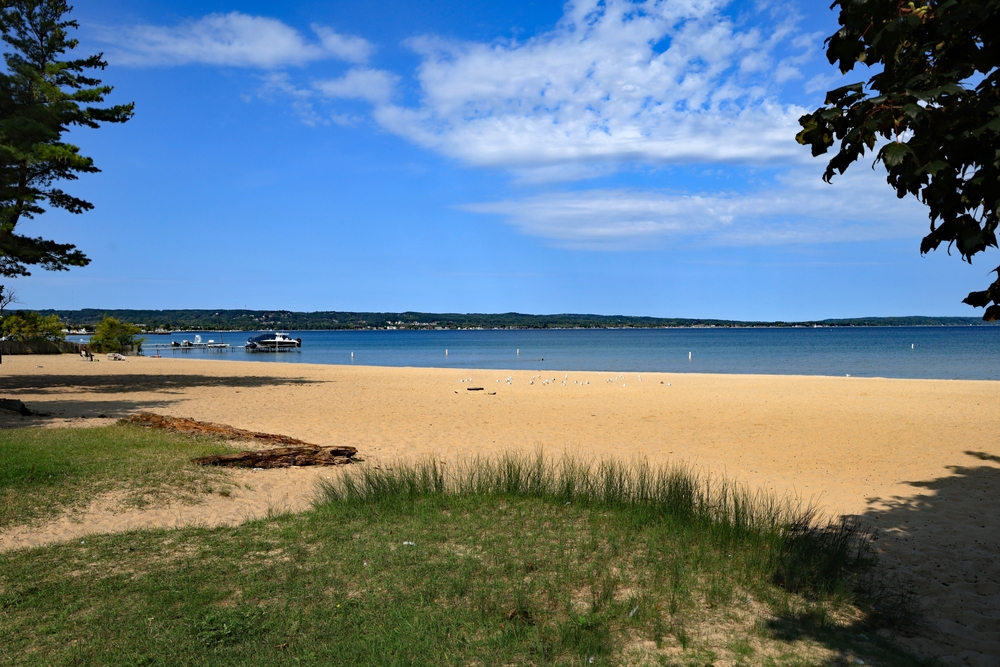 Bryant Park, Michigan, near downtown Traverse City, with a sandy beach on Grand Traverse Bay, and swing sets for the kids.