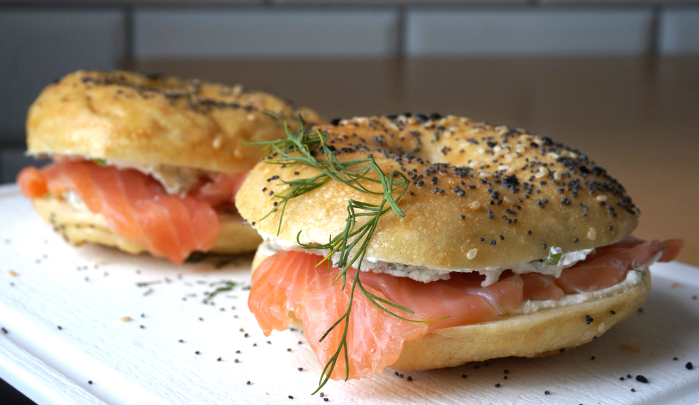 A cream chees and smoked salmon bagel on a plate a great breakfast in Cleveland