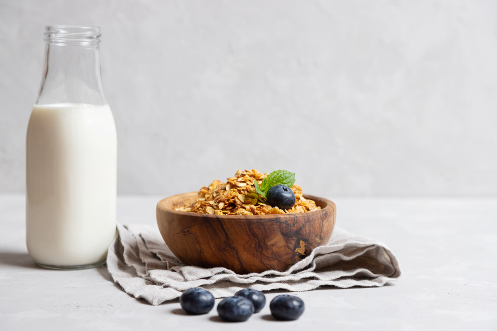 Homemade Granola in a wooden bowl with blueberries and milk by it