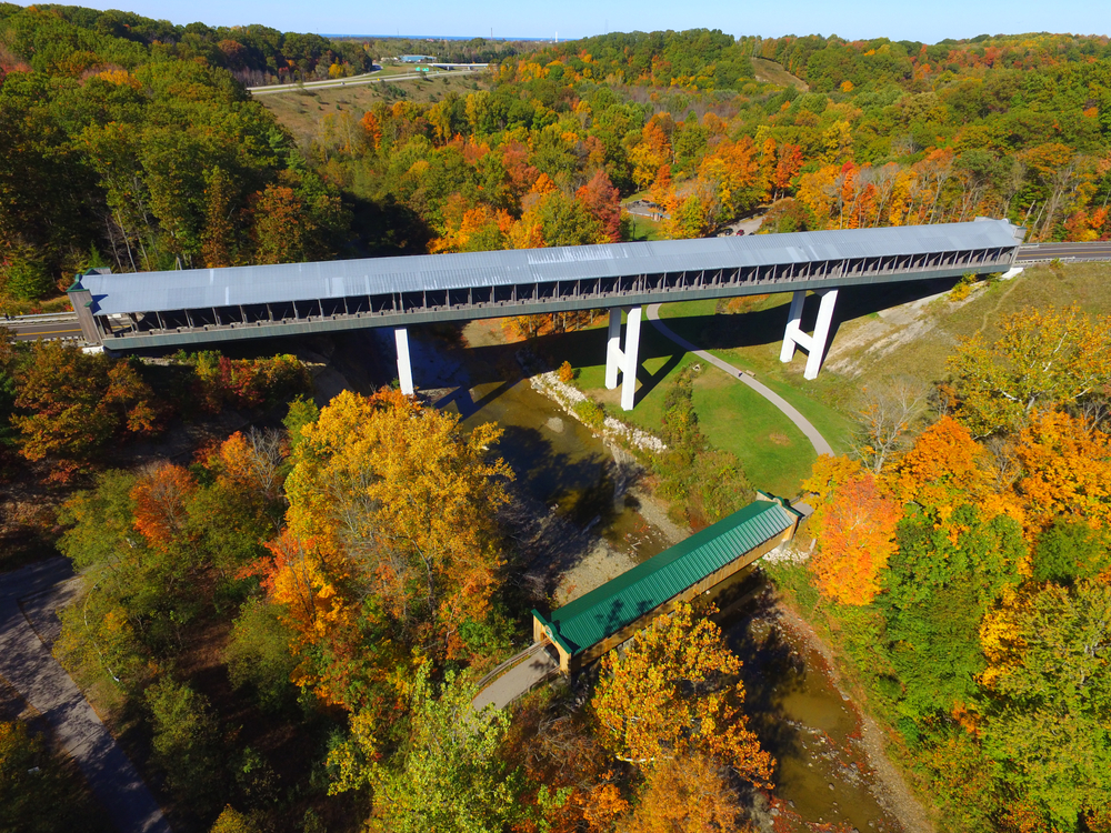 An aerial view of the longest covered bridge in Ohio Smolen Gulf Bridge in Ohio