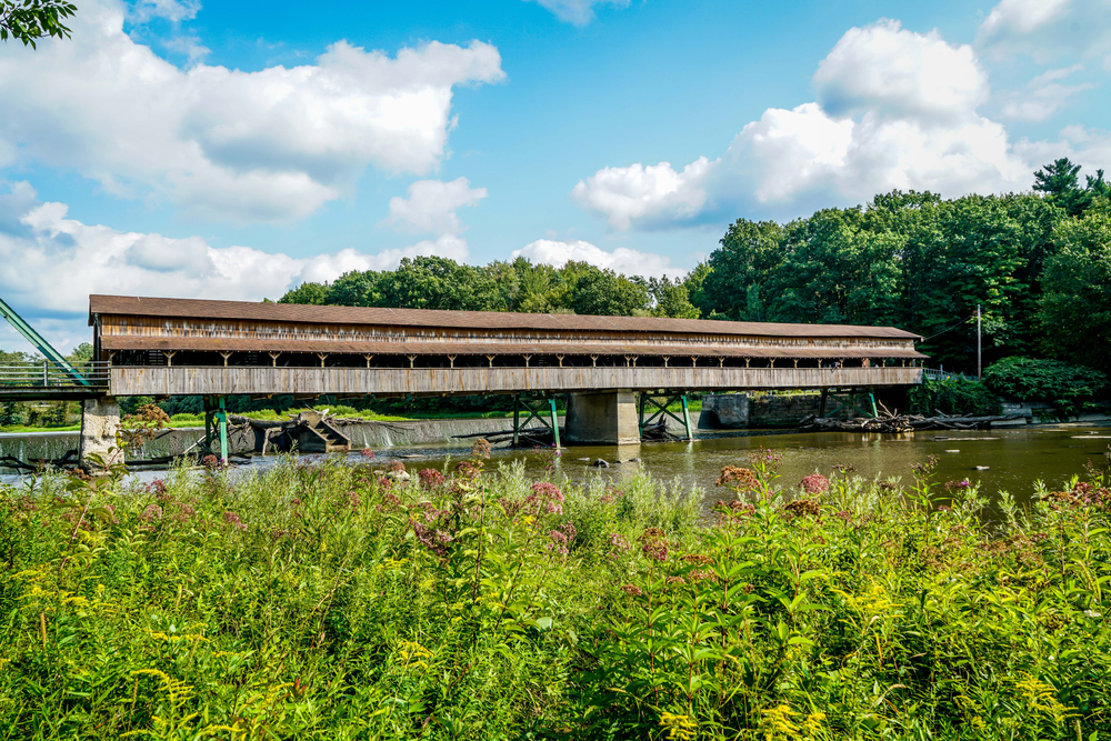 The Harpersfield Covered Bridge a brown wooden bridge with fauna in the foreground and trees in the background.