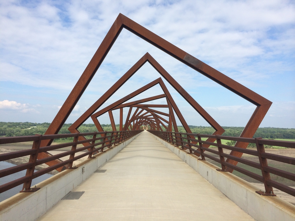 A look down the High Trestle Trail Bridge, featuring the cool geometric design.