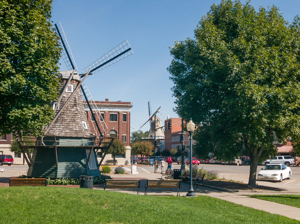 Downtown Pella, Iowa, with a couple of Dutch windmills and cute, brick buildings.