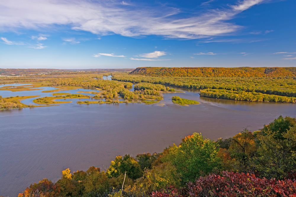 A wide shot of the river delta in Pikes Peak State Park, Iowa, with fall colors.