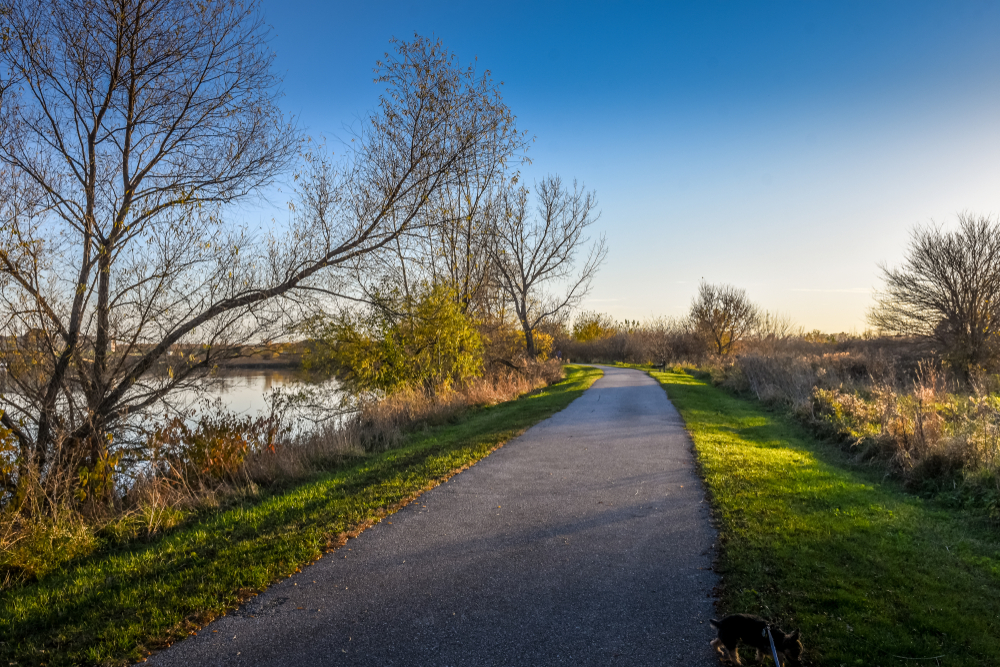 A paved hiking path in a park in Waterloo, Iowa, next to a lake and surrounded by trees.
