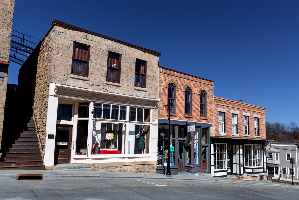 Mineral Point, Wisconsin, USA  Closed Shop Fronts in Small Town USA on Sunny Day with Clear Sky