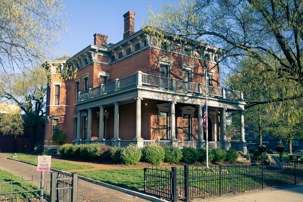 Outside of the regal Benjamin Harrison house in Indianapolis.