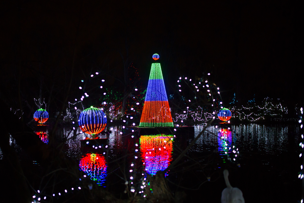 Bright red, blue, green Christmas lights against black sky. Christmas tree and ornaments.