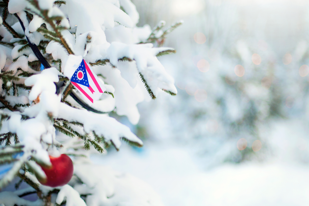 Ohio flag on snow covered evergreen tree