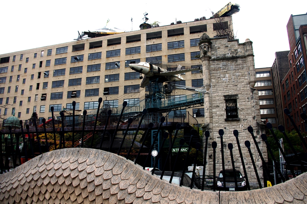 The mix of materials that make up the City Museum include airplanes, a bus, and many stairs.