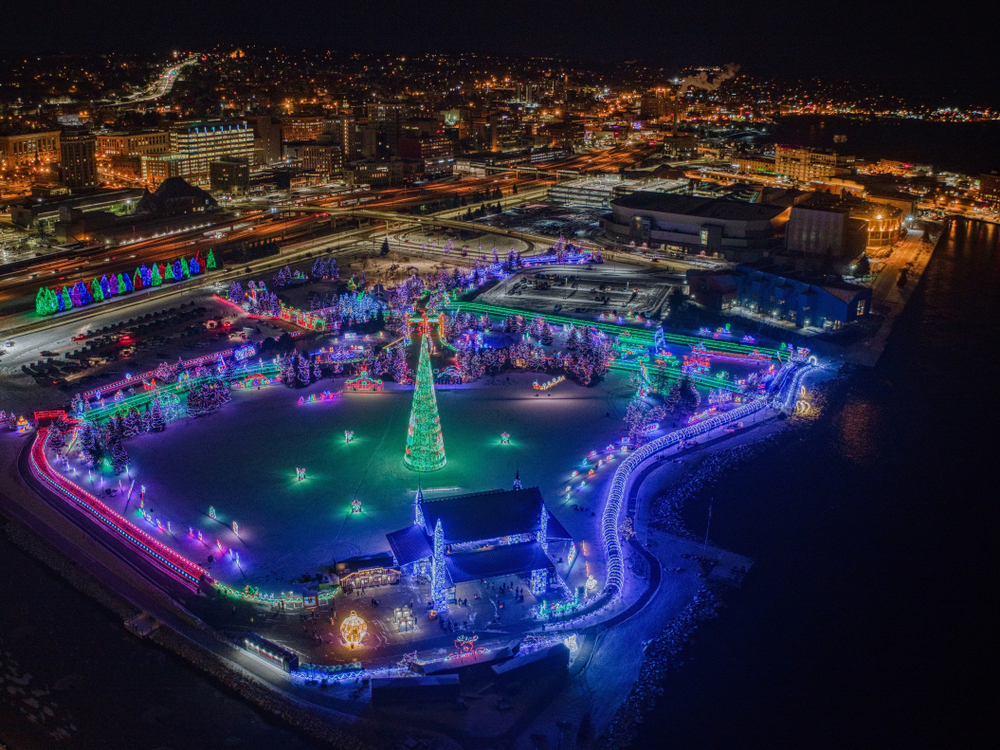 Aerial view of the Bentleyville Tour of Lights in Duluth, Minnesota, at night.