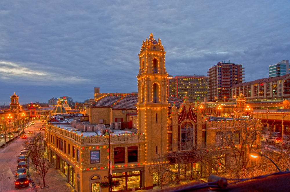 The Country Club Plaza in Kansas City, Missouri, covered in one of the best Christmas light displays in the Midwest.