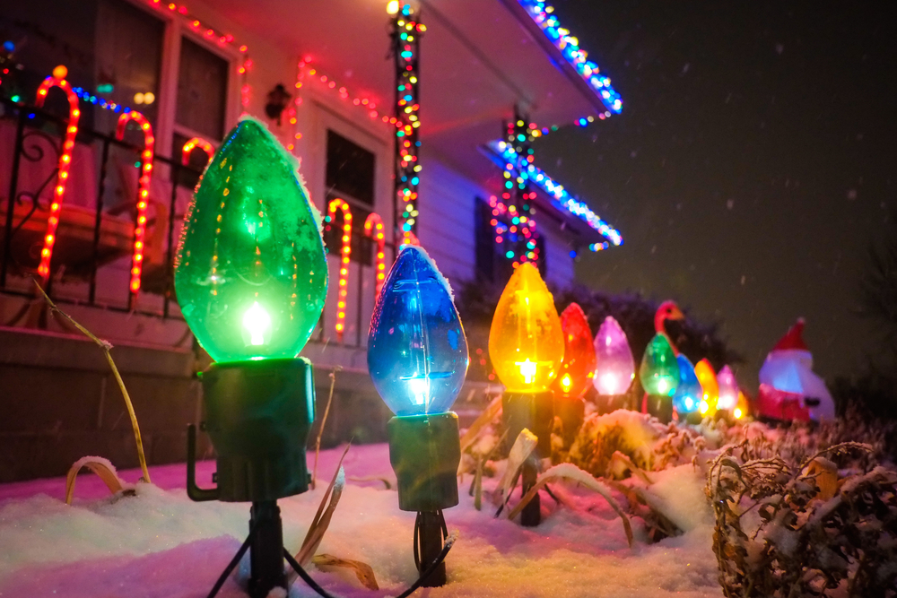 Close-up of Christmas lights on a house.