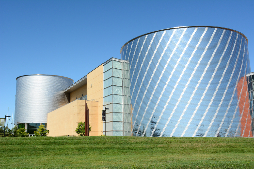 The outside of the Science Center of Iowa with unique metal architecture.