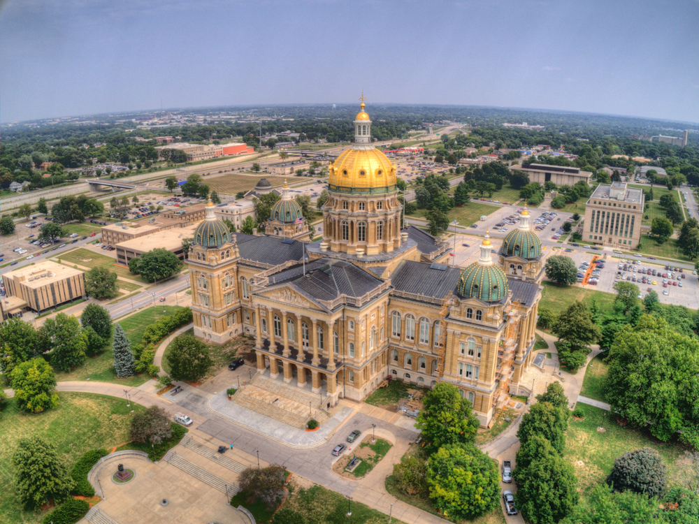 Aerial view of the State Capitol in Des Moines, Iowa.