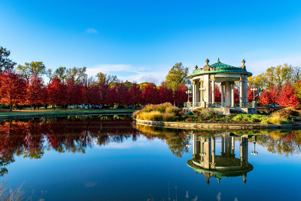 Fall in Forest Park with a gazebo on an island in a lake. This park is one of the best things to do in St. Louis.