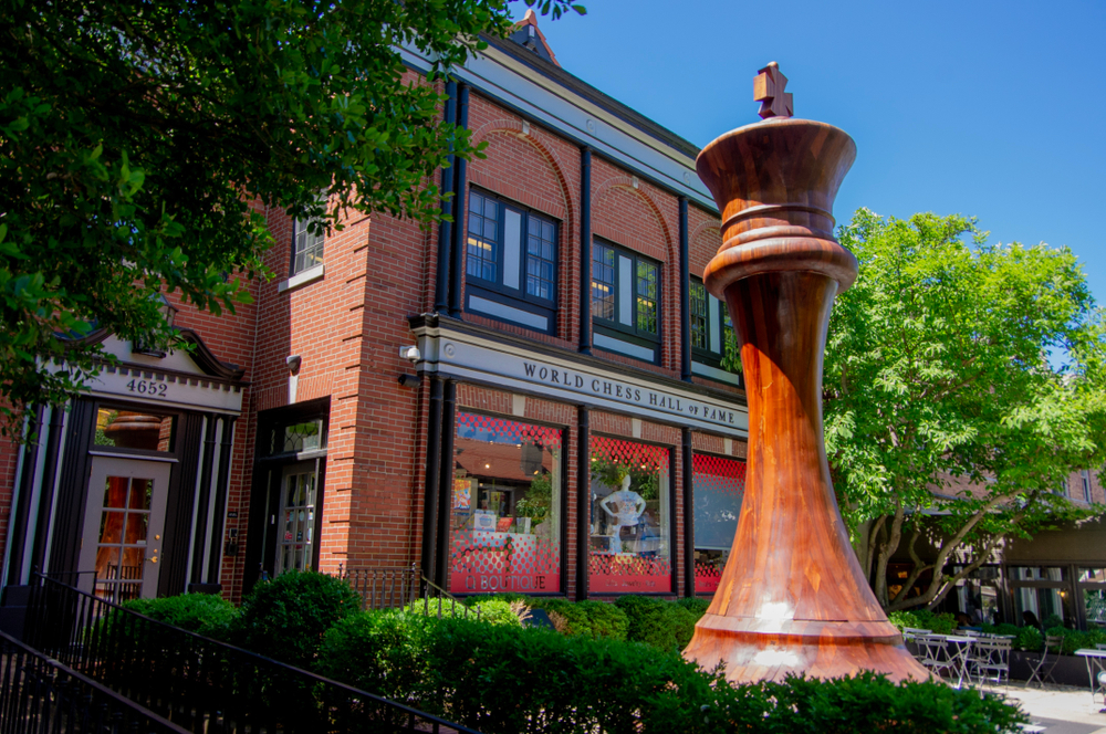 The largest chess piece standing in front of the World Chess Hall of Fame, one of the coolest things to do in St. Louis.