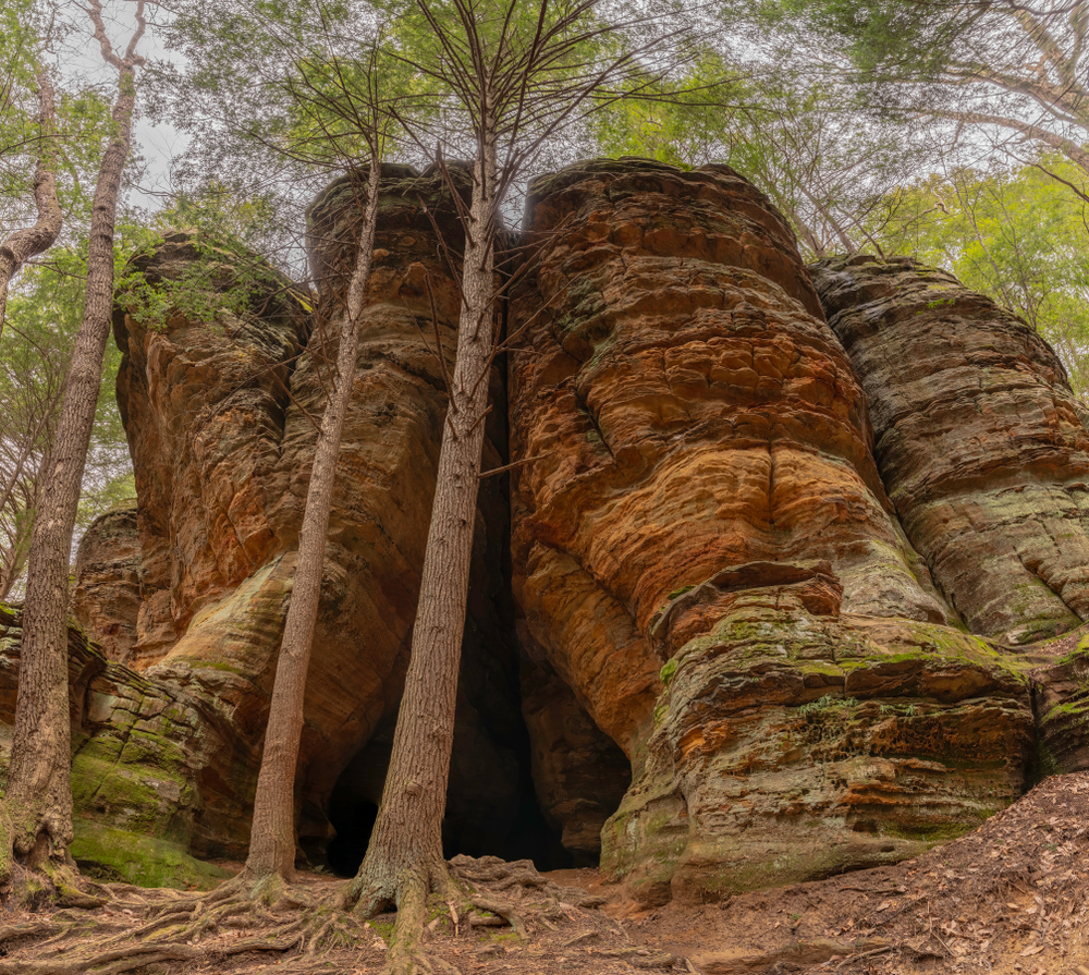 The exterior of a massive rock formation that has created an opening that looks like an old chapel. In front of it are tall trees and you can just barely see the tree canopy. The rock formation is different shades of tan, orange, and yellow, with some moss growing on it. One of the coolest hidden gems in Ohio. 