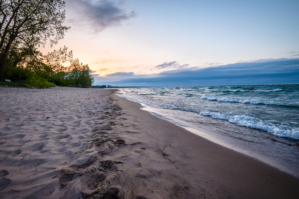 A beach on Lake Michigan. You can see small waves in the water, a sandy beach, and a small chunk of grassy area with trees. The sun is setting.