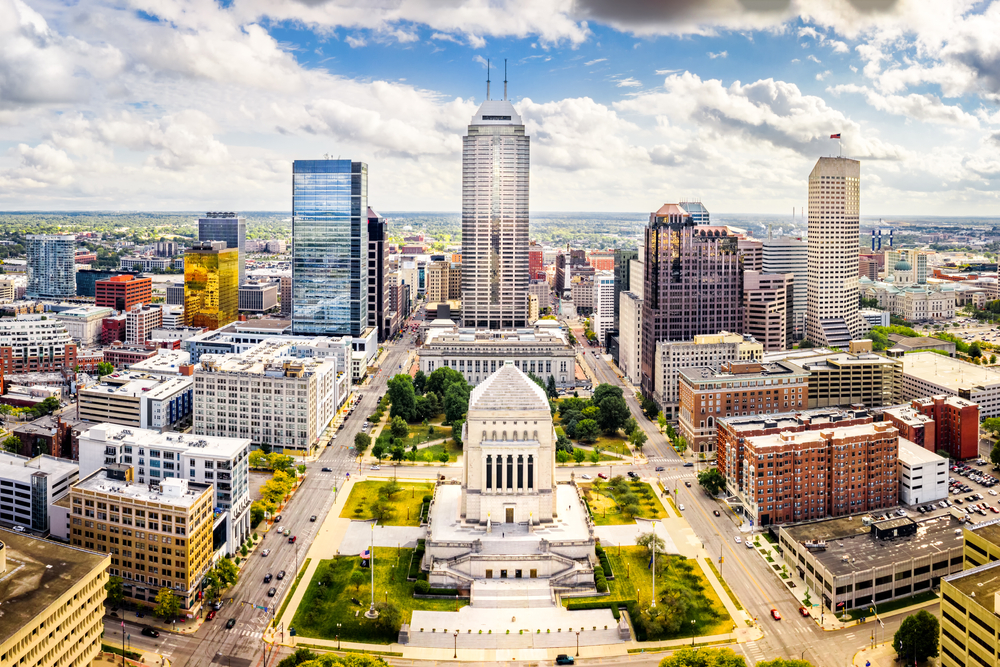 An Aerial view of Indianapolis showing building in the background in an article about restaurants in Indianapolis