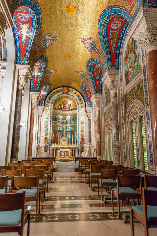 St Louis, Missouri, USA, Cathedral Basilica of St. Louis, on arts and culture tour of the city,  This article is about the best things to do in St. Louis. You are see the decorated ceiling in the church. 