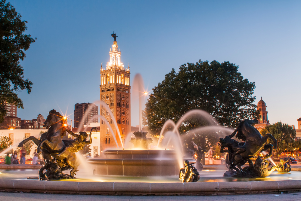 The Fountain in Mill Creek Park at night, one of the best attractions in Kansas City.