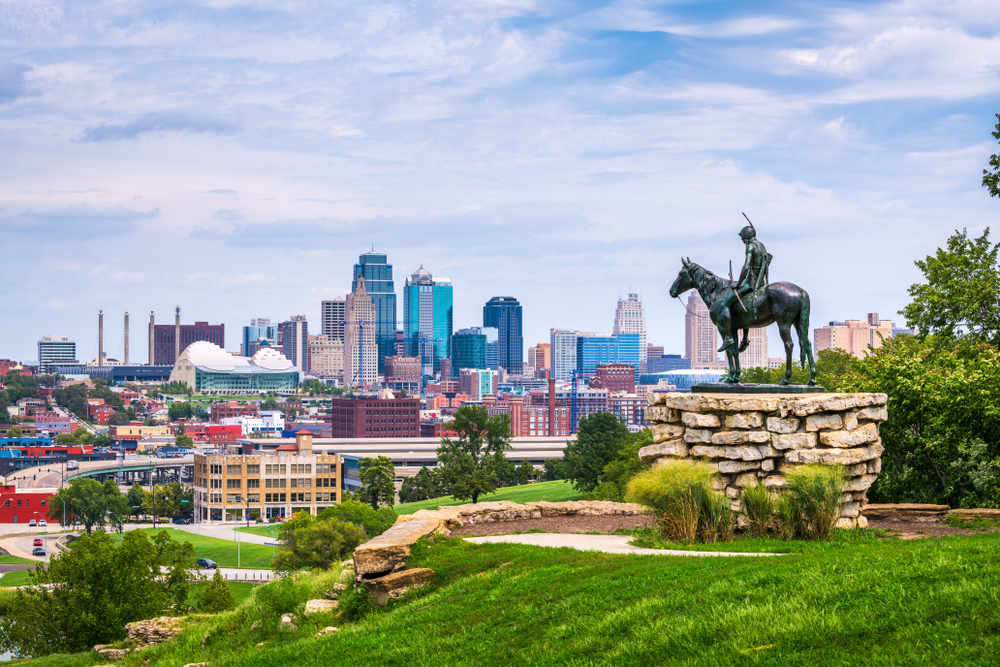 Native American statue overlooking downtown Kansas City, Missouri.