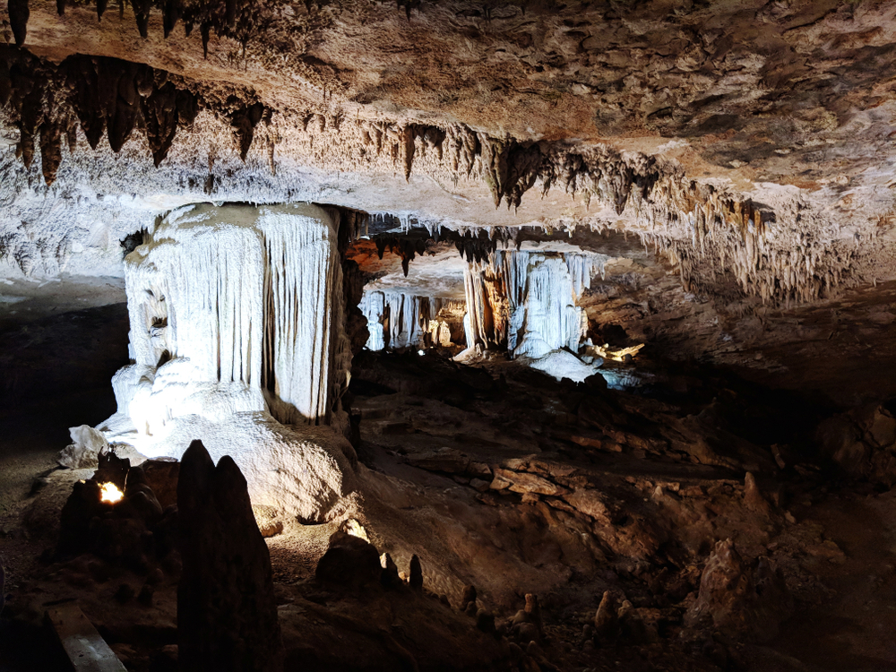 Inside of Fantastic Caverns on of the caves in Missouri showing the inside structure with stalagmites and stalactites