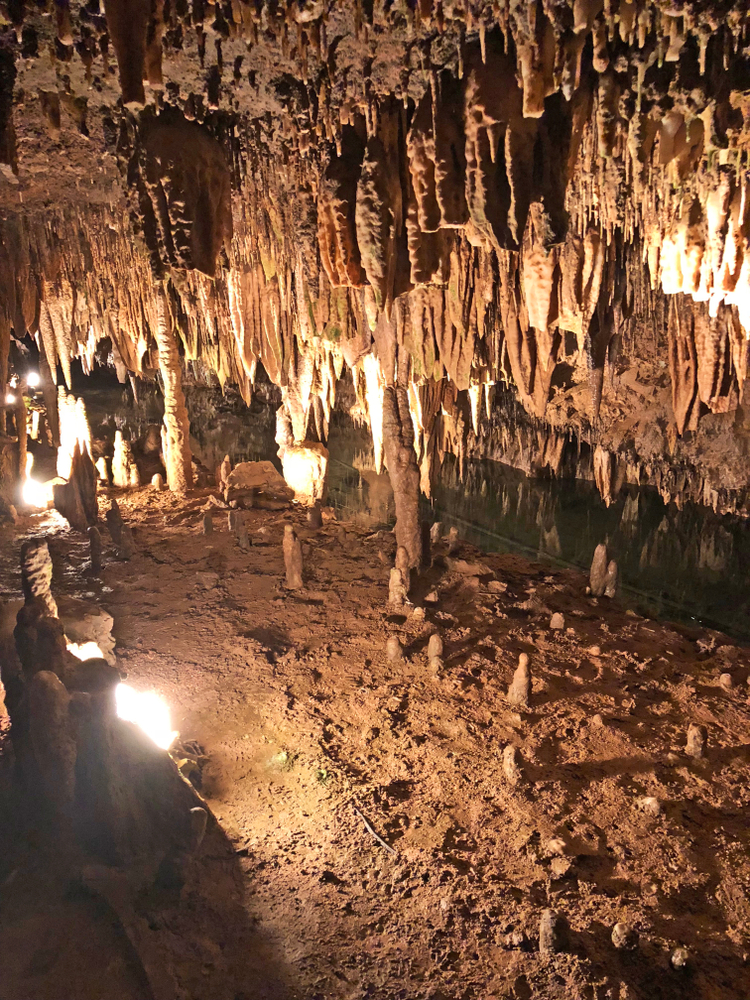 Stalactites and stalagmites inside Meramec Cave in Missouri
