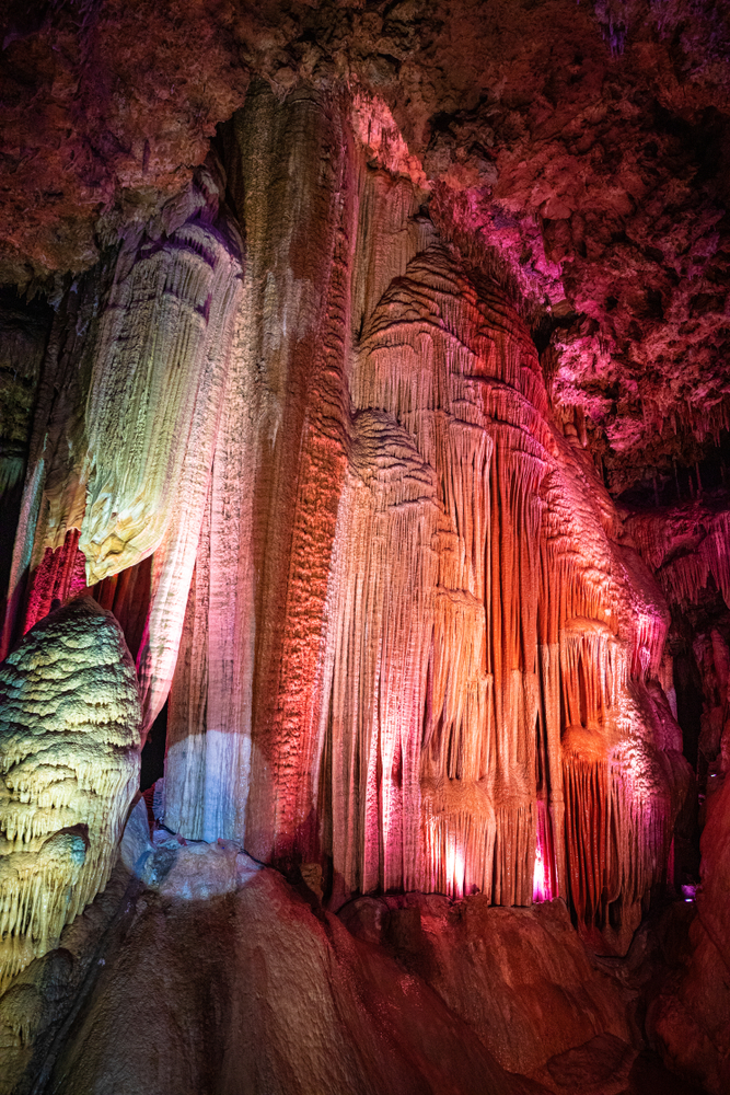 Meramec Caverns. Franklin County. Missouri. USA. The caves are illuminated in colors. the article is about caves in Missouri.