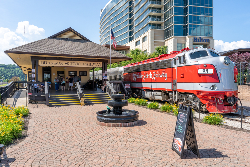 The Branson Scenic Railway station with a vintage train one of the things to do in Branson MO