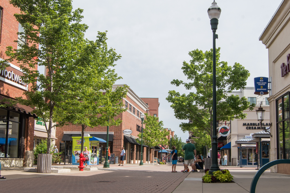 A street of shops in Branson with trees lining the streets