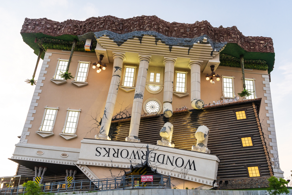 An upside down house which is the entrance to WonderWorks one of the things to do in Branson