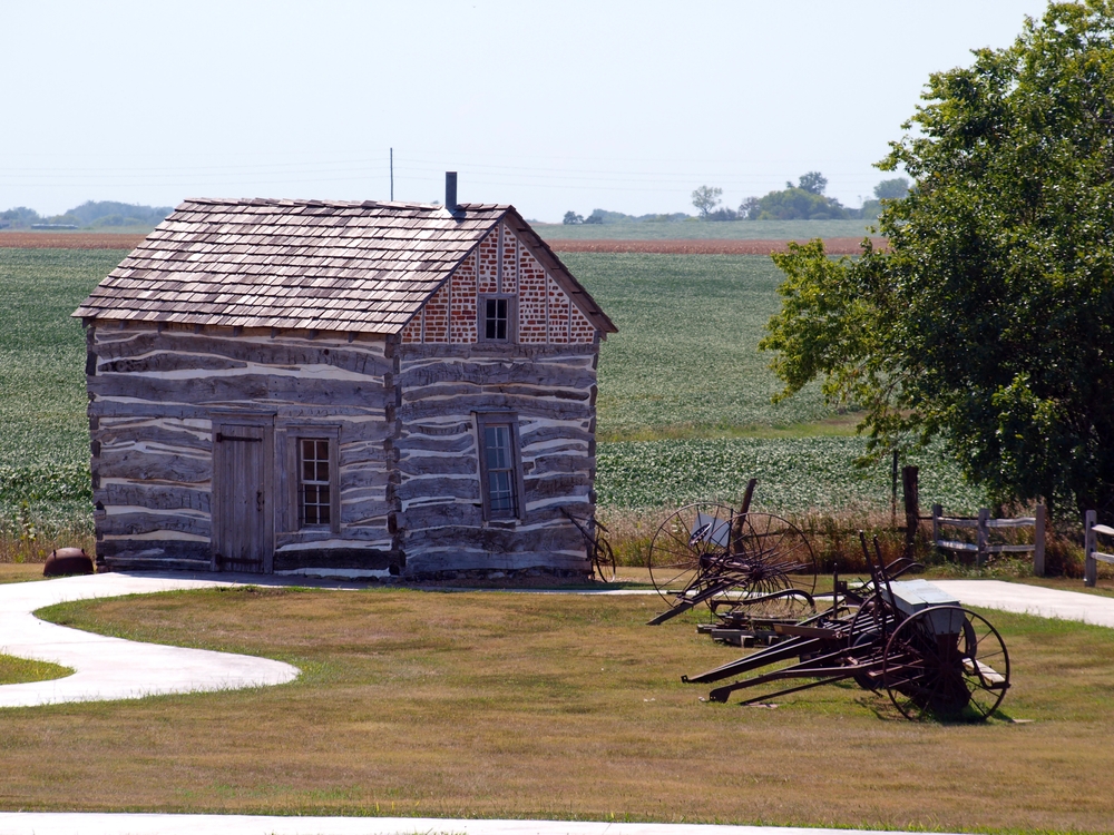 Homestead National Historical Park, Nebraska, USA - Sept 5, 2024: Wide shot of the historical George Palmer cabin at the museum field. The article is about  things to do in Nebraska.