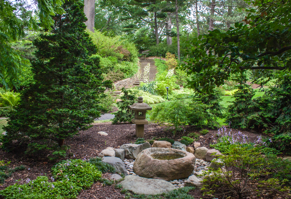 The Japanese Garden at the Cleveland Botanical Gardens surrounded by greenery.