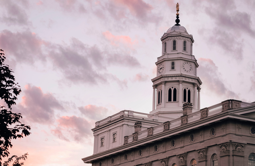 Top of the Mormon Temple in Nauvoo during sunset.