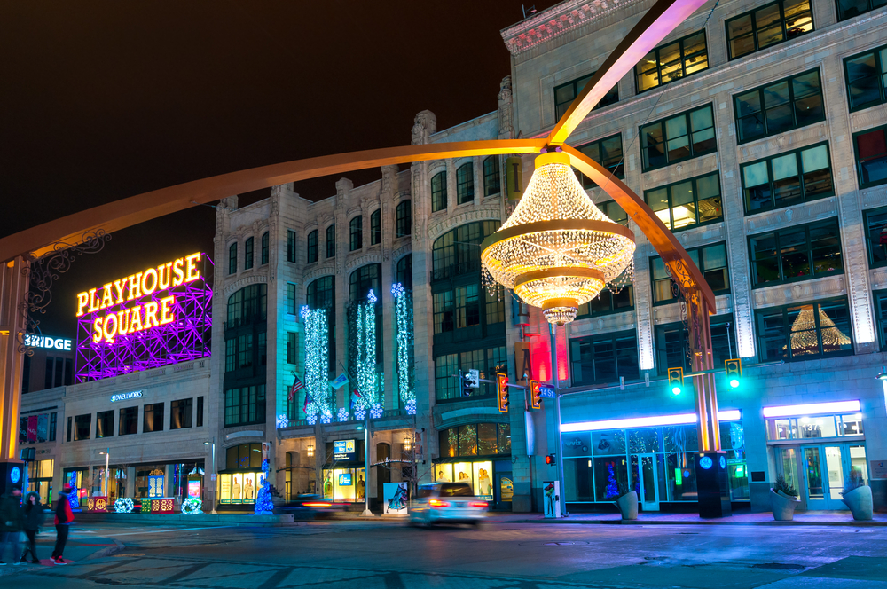 The outside of Playhouse Square at night, showing off the large chandelier.