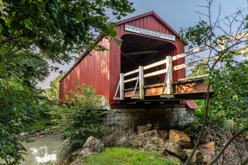 The historic, red covered bridge in Princeton, Illinois.