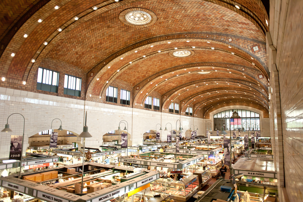 View from above of the food stalls at the West Side Market.