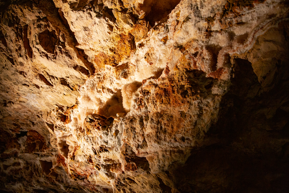 A rock formation inside the Jewel Cave. Its got a ton of different types of rocks and crystals. 