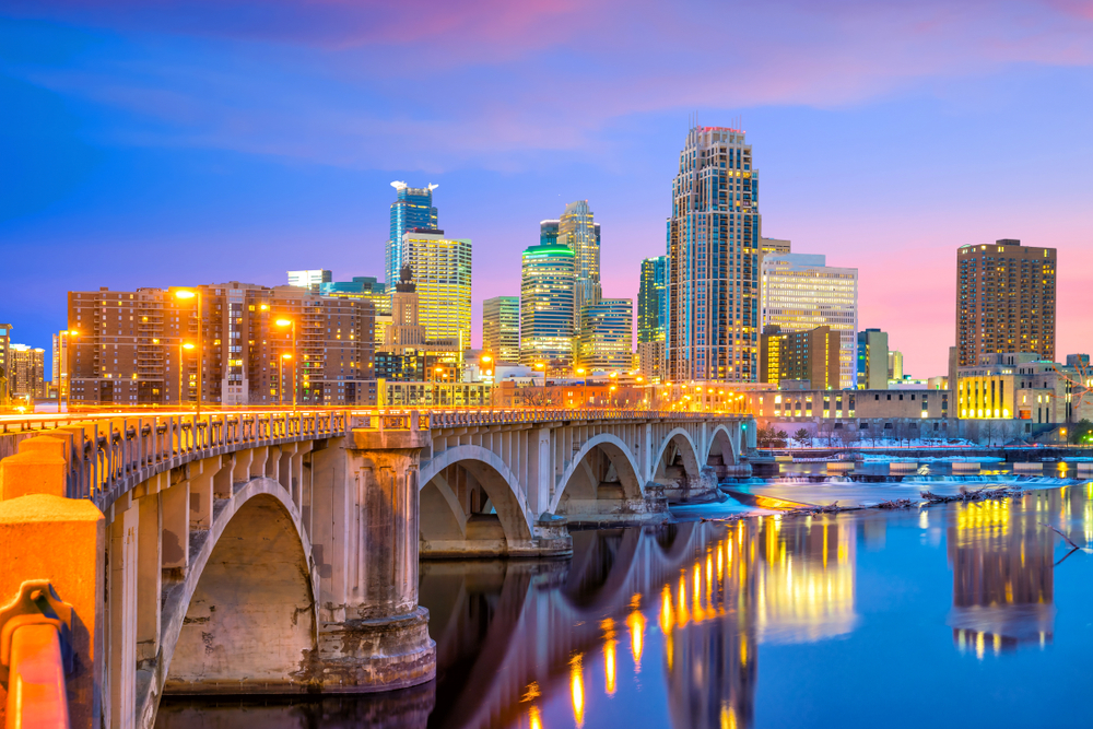 Minneapolis downtown skyline with the Arch bridge in the foreground