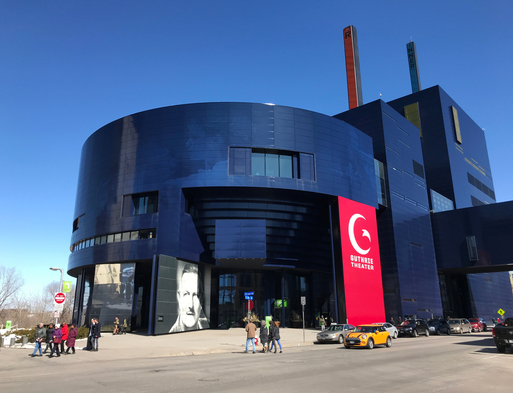 The Guthrie Theater in Minneapolis a black round and square building. One of the things to do in Minneapolis