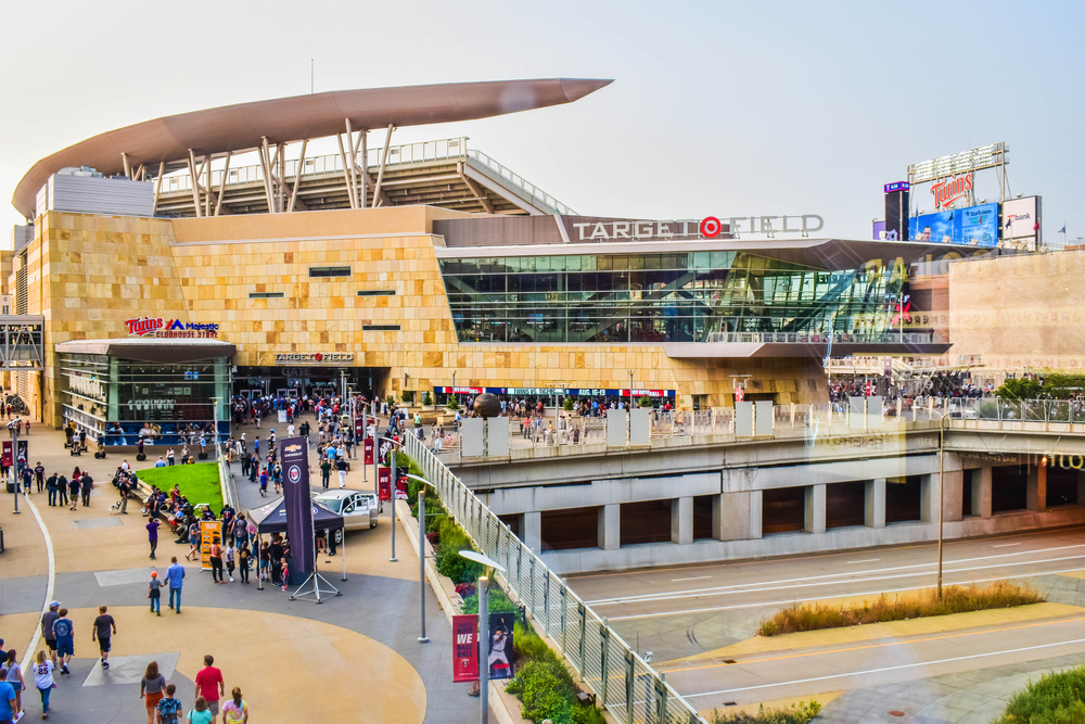 The outside of target field baseball field with people walking around