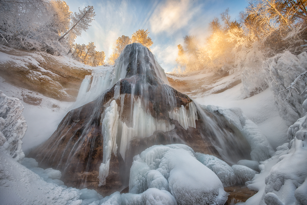 Frozen waterfall surrounded by trees