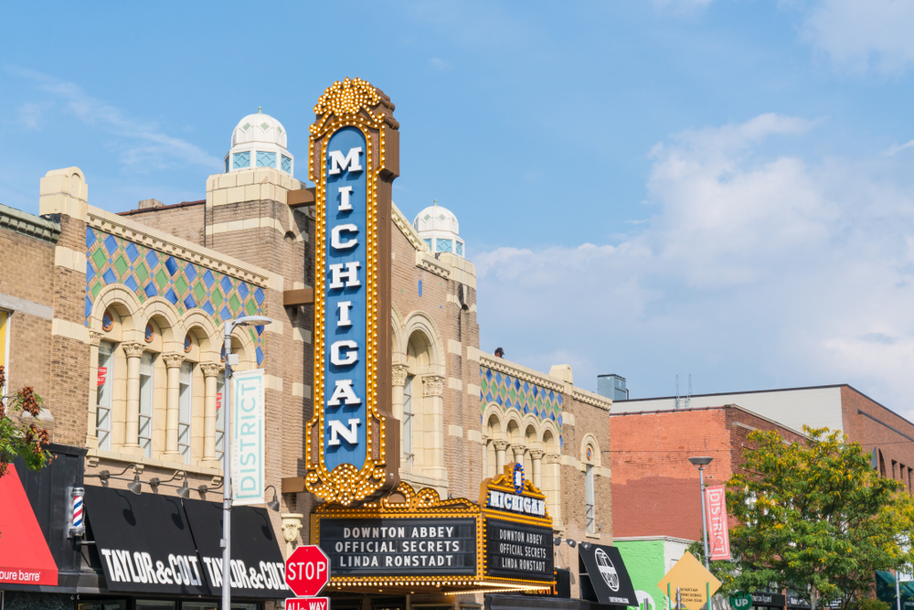 The marquee of the Michigan Theater in Ann Arbor. 