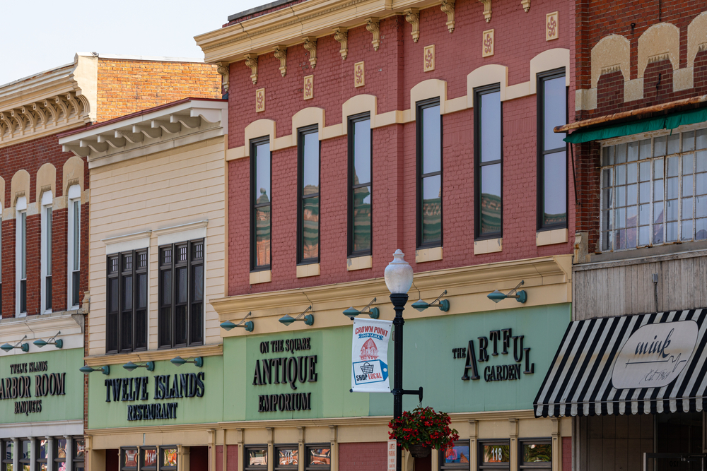 Close-up of storefronts in downtown Crown Point, Indiana.